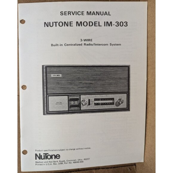 NUTONE SERVICE MANUAL BUILT-IN CENTRALIZED RADIO/INTERCOM SYSTEM MODEL IM-303 - Picture 2 of 13